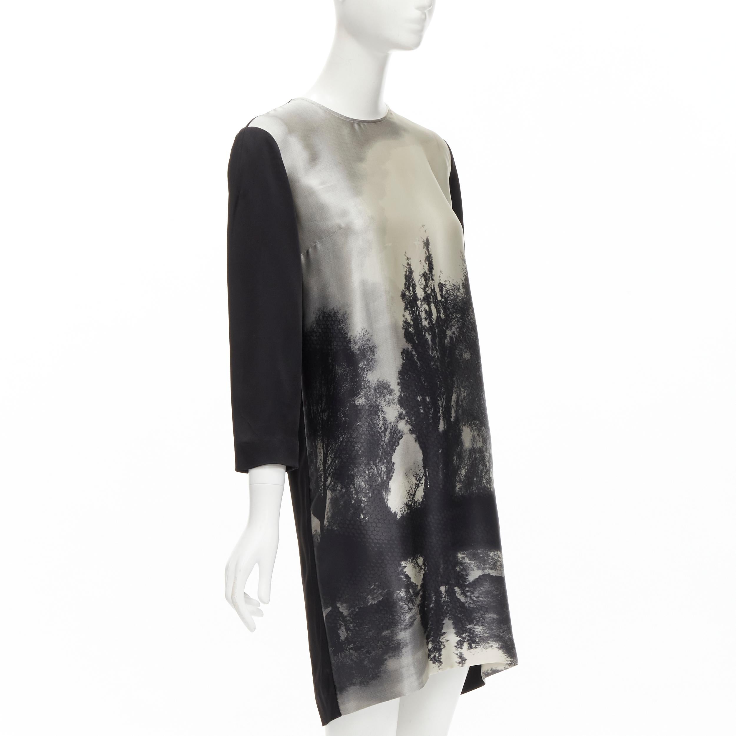 Black STELLA MCCARTNEY 100% silk black grey tree photo print crew neck dress