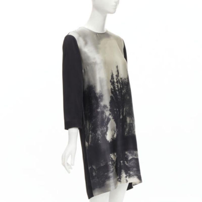 STELLA MCCARTNEY 100% silk black grey tree photo print crew neck dress In Excellent Condition For Sale In Hong Kong, NT