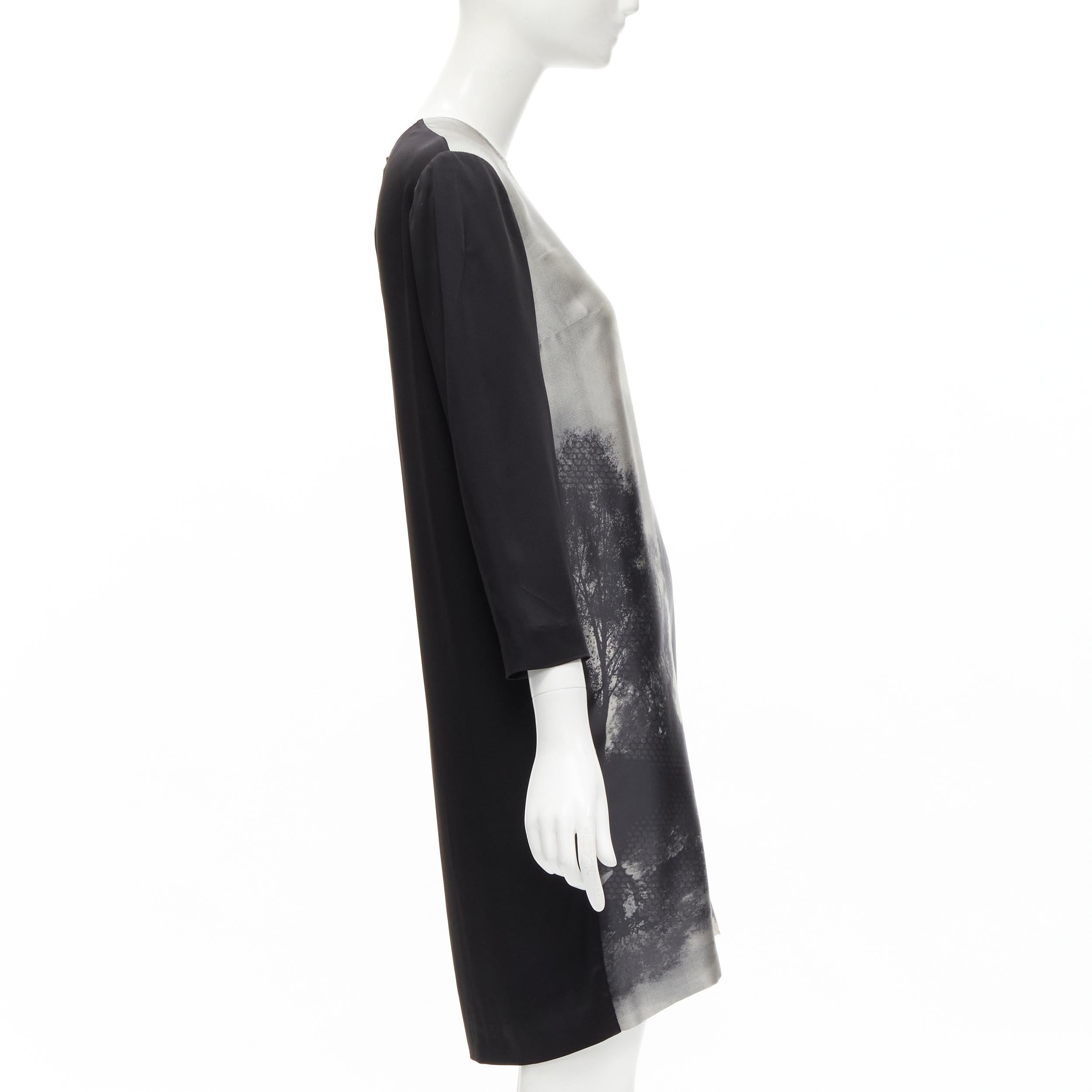STELLA MCCARTNEY 100% silk black grey tree photo print crew neck dress In Excellent Condition In Hong Kong, NT