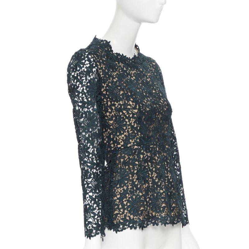 Black STELLA MCCARTNEY 2013 green floral guipure lace fitted waist lined top IT36 XS For Sale