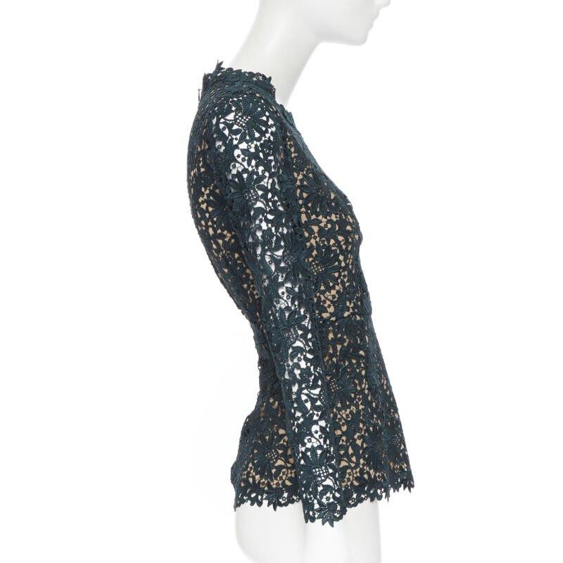 STELLA MCCARTNEY 2013 green floral guipure lace fitted waist lined top IT36 XS In Excellent Condition For Sale In Hong Kong, NT