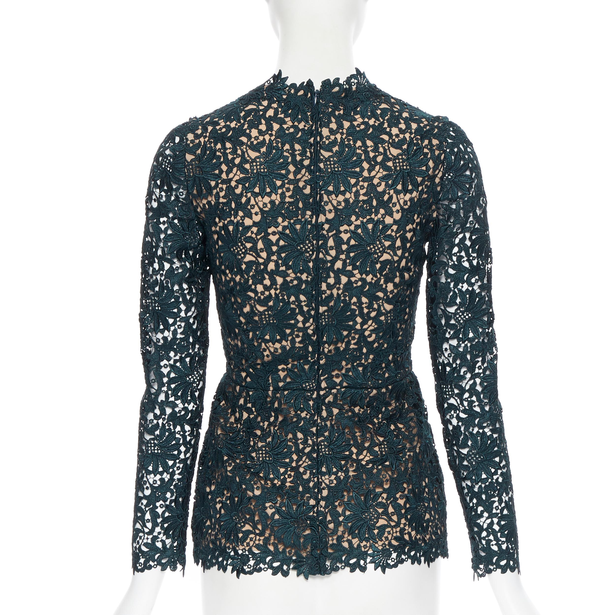 Black STELLA MCCARTNEY 2013 green floral guipure lace fitted waist lined top IT36 XS