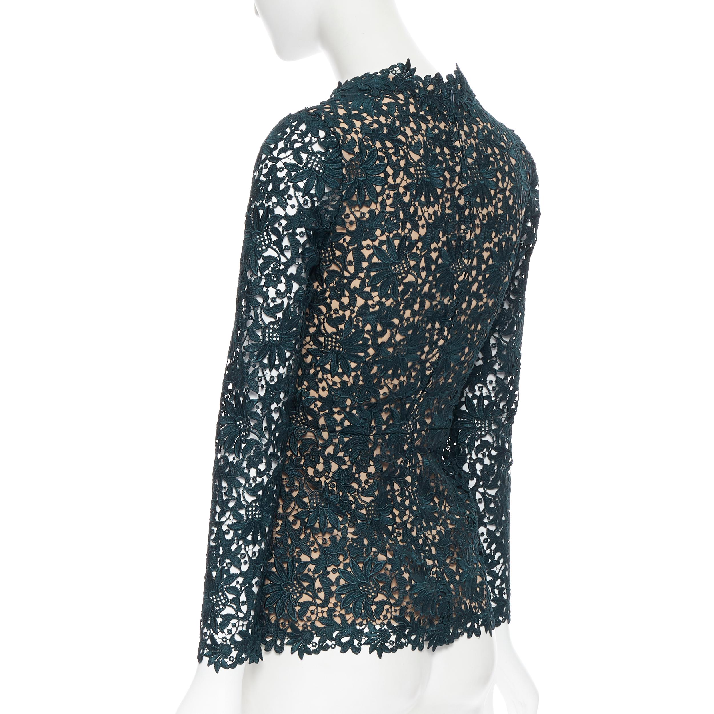 STELLA MCCARTNEY 2013 green floral guipure lace fitted waist lined top IT36 XS In Excellent Condition In Hong Kong, NT
