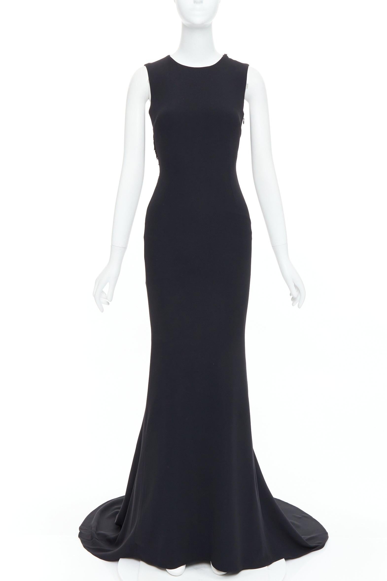 Black STELLA MCCARTNEY 2014 black fringe mesh back fitted long train gown IT36 XXS For Sale