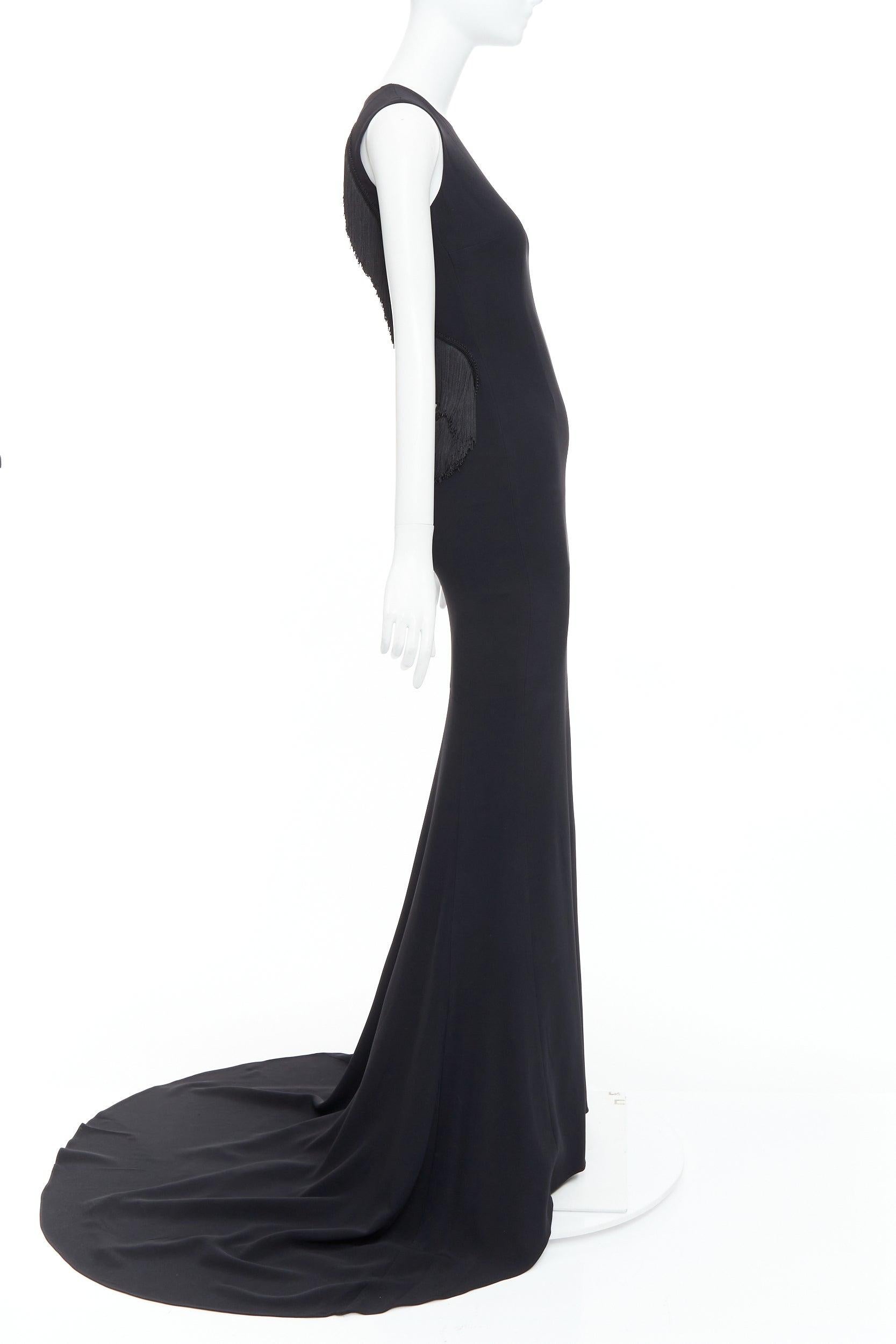 Women's STELLA MCCARTNEY 2014 black fringe mesh back fitted long train gown IT36 XXS For Sale