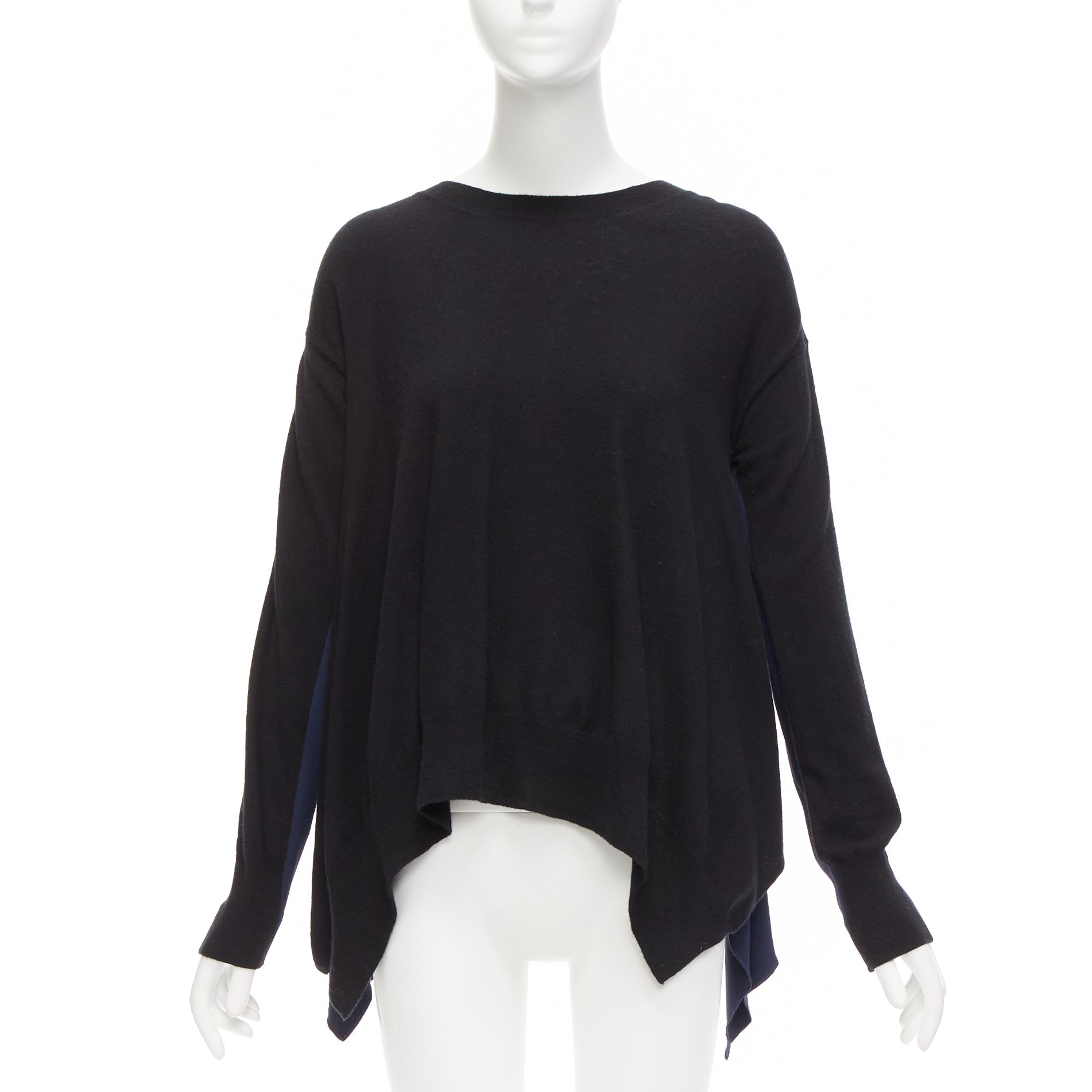 Pre-owned Stella Mccartney 2014 Black Navy Virgin Wool Handkerchief Sweater Top It42 M In Blue