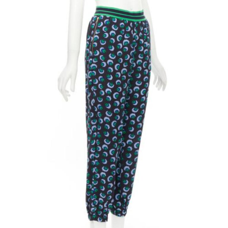 Noir Stella McCartney 2014 bleu vert 100% soie graphique floral web pantalon IT36 XXS en vente