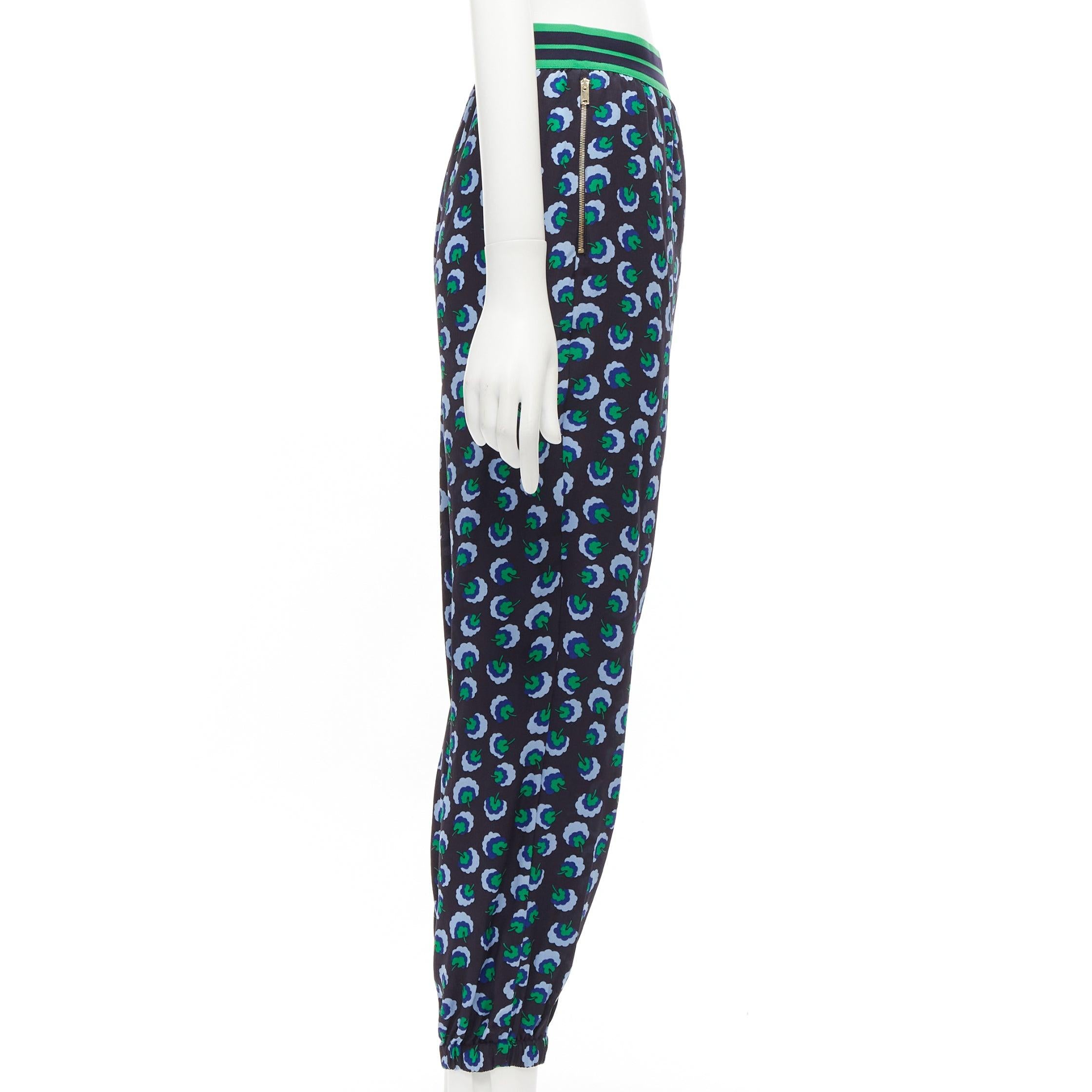 Black STELLA MCCARTNEY 2014 blue green silk graphic floral web band pants IT36 XXS For Sale
