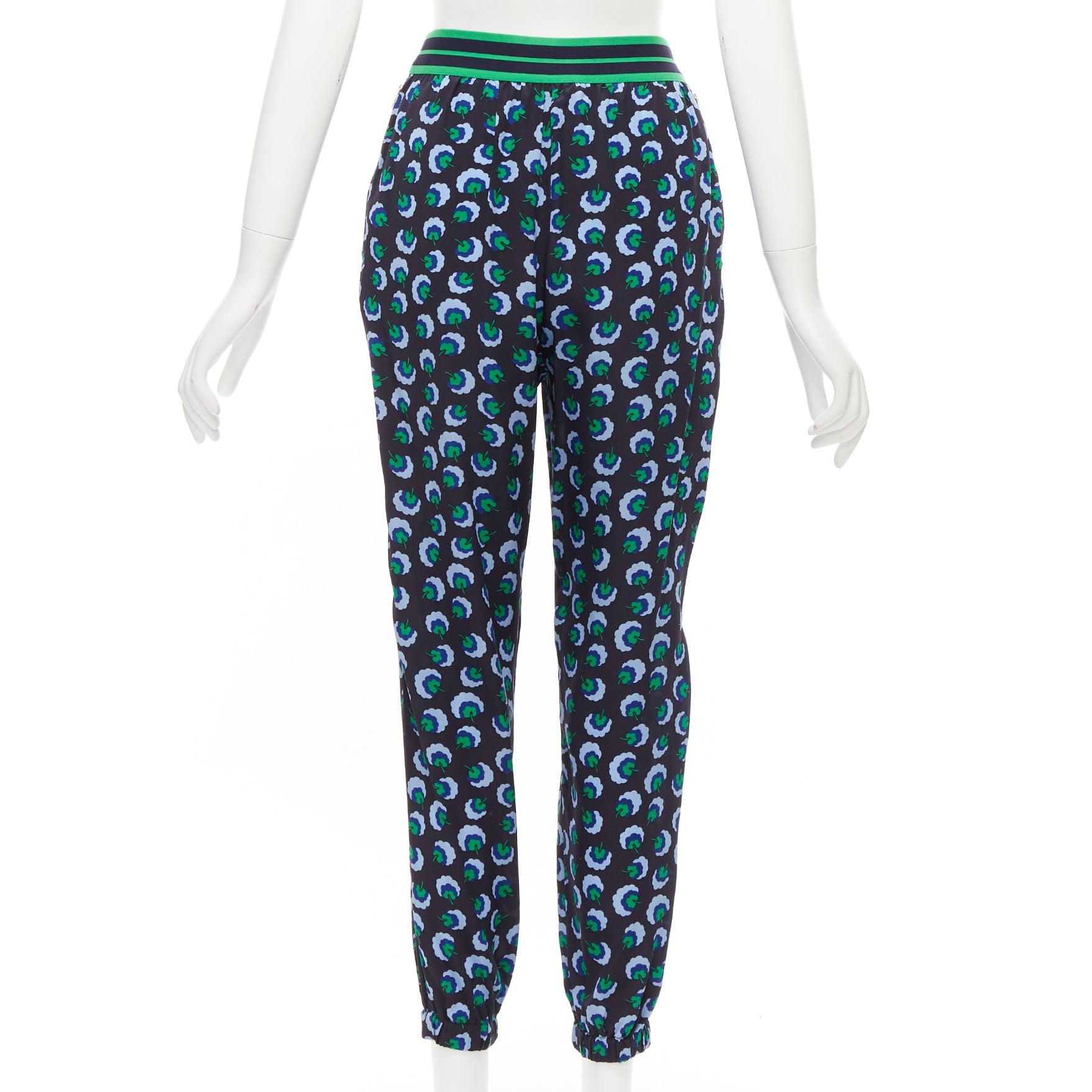 STELLA MCCARTNEY 2014 blue green silk graphic floral web band pants IT36 XXS In Excellent Condition For Sale In Hong Kong, NT