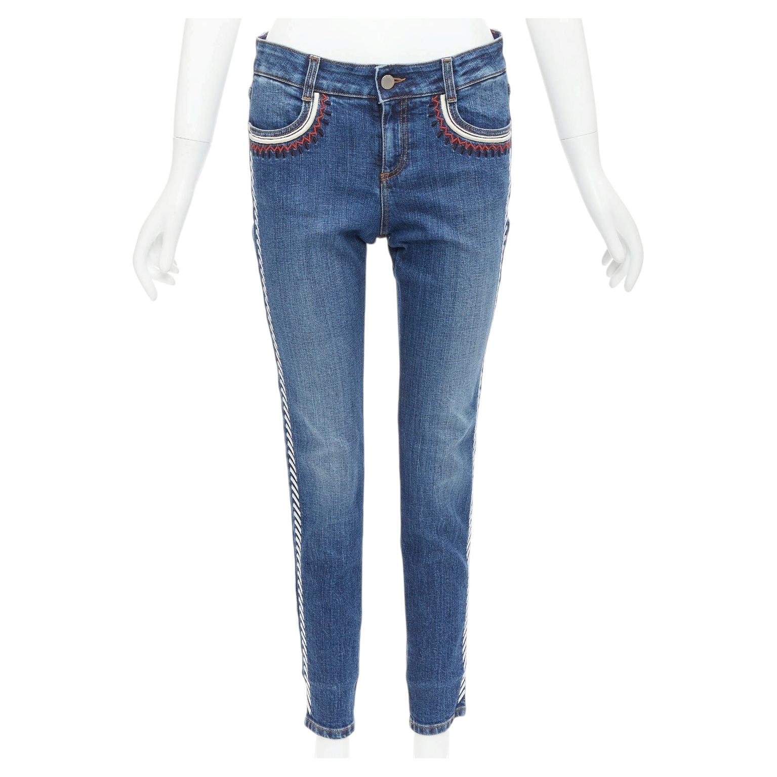 Pre-owned Stella Mccartney 2014 Ethnic Embroidery Trim Blue Cropped Jeans 28"