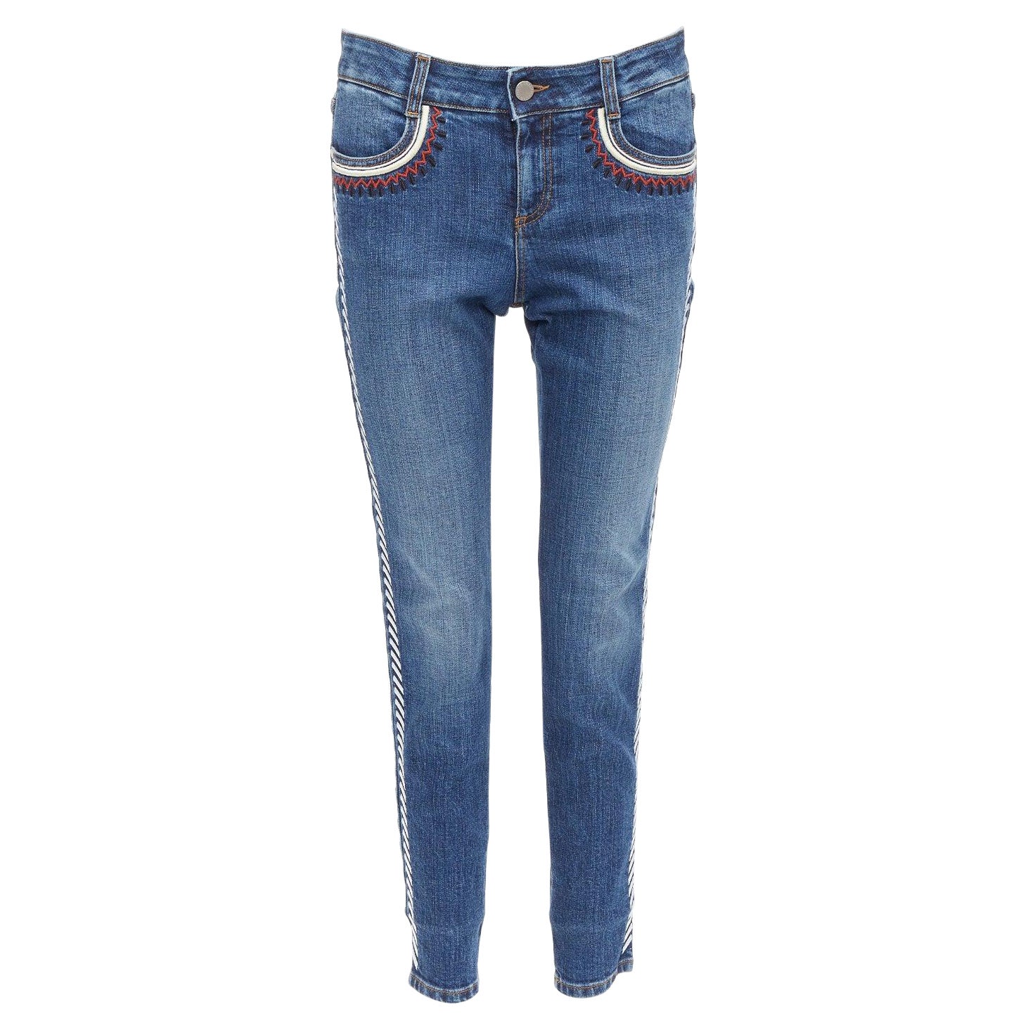 STELLA MCCARTNEY 2014 ribete bordado étnico vaqueros cropped azul 28"