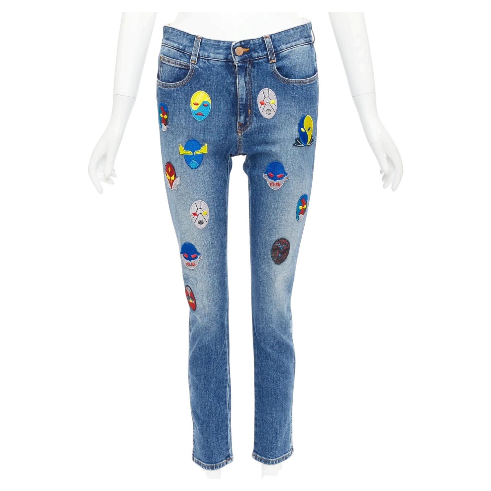 Pre-owned Stella Mccartney 2014 Yellow Blue Superhero Patch Cropped Jeans 25"