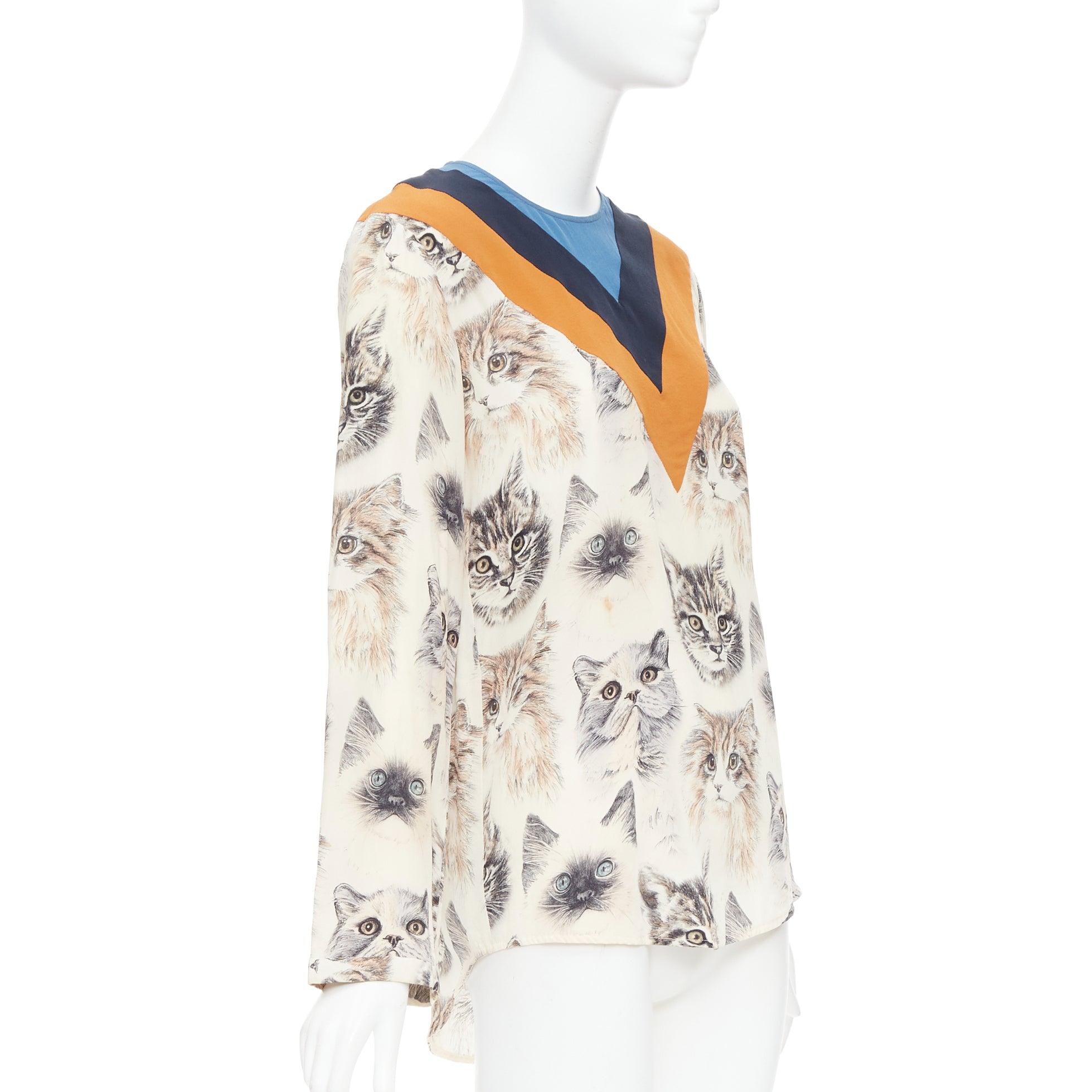 Beige Stella McCartney 2016 100% seta  camicetta beige arancione con stampa gatto IT38 XS in vendita