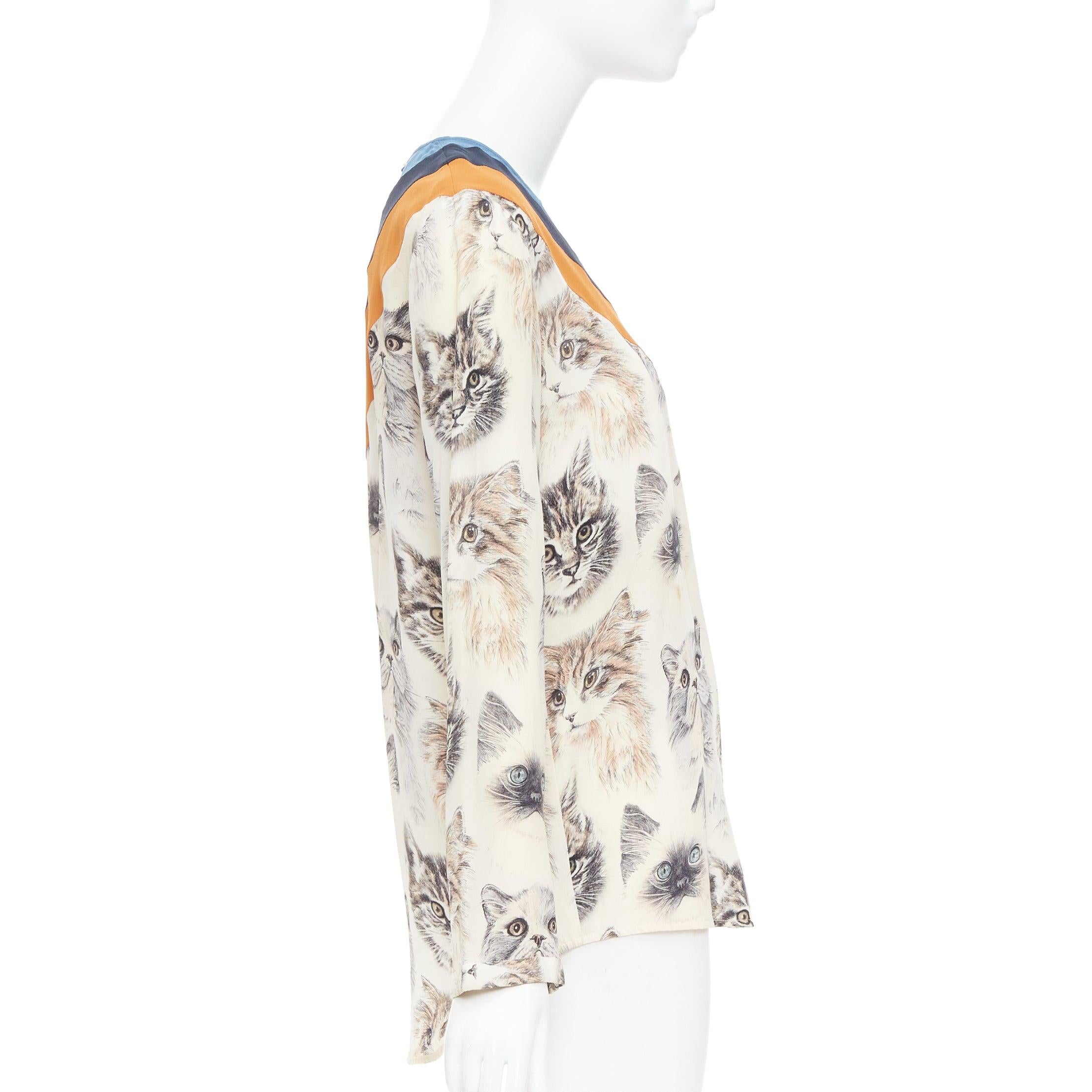 Stella McCartney 2016 100% seta  camicetta beige arancione con stampa gatto IT38 XS In condizioni buone in vendita a Hong Kong, NT