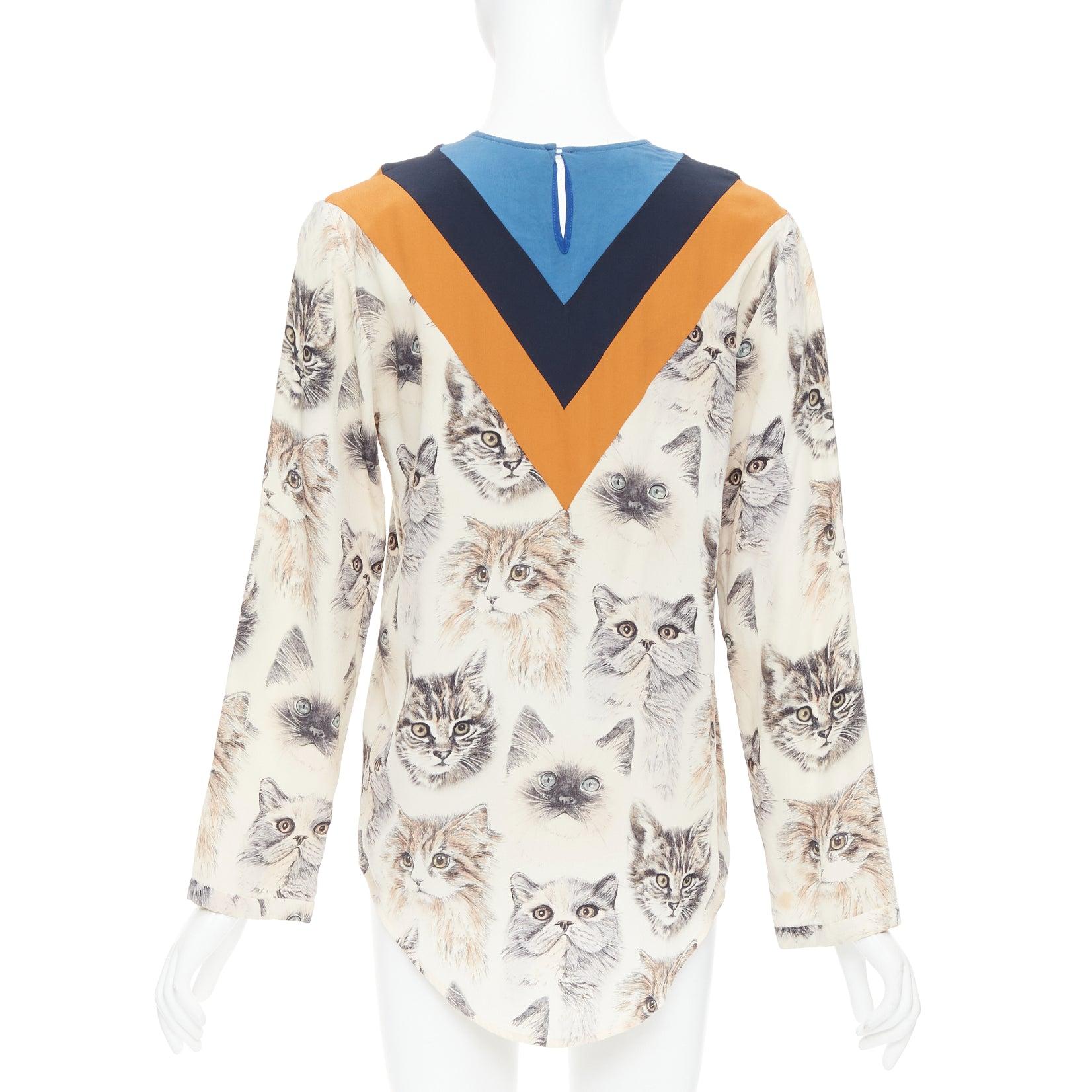 Donna Stella McCartney 2016 100% seta  camicetta beige arancione con stampa gatto IT38 XS in vendita