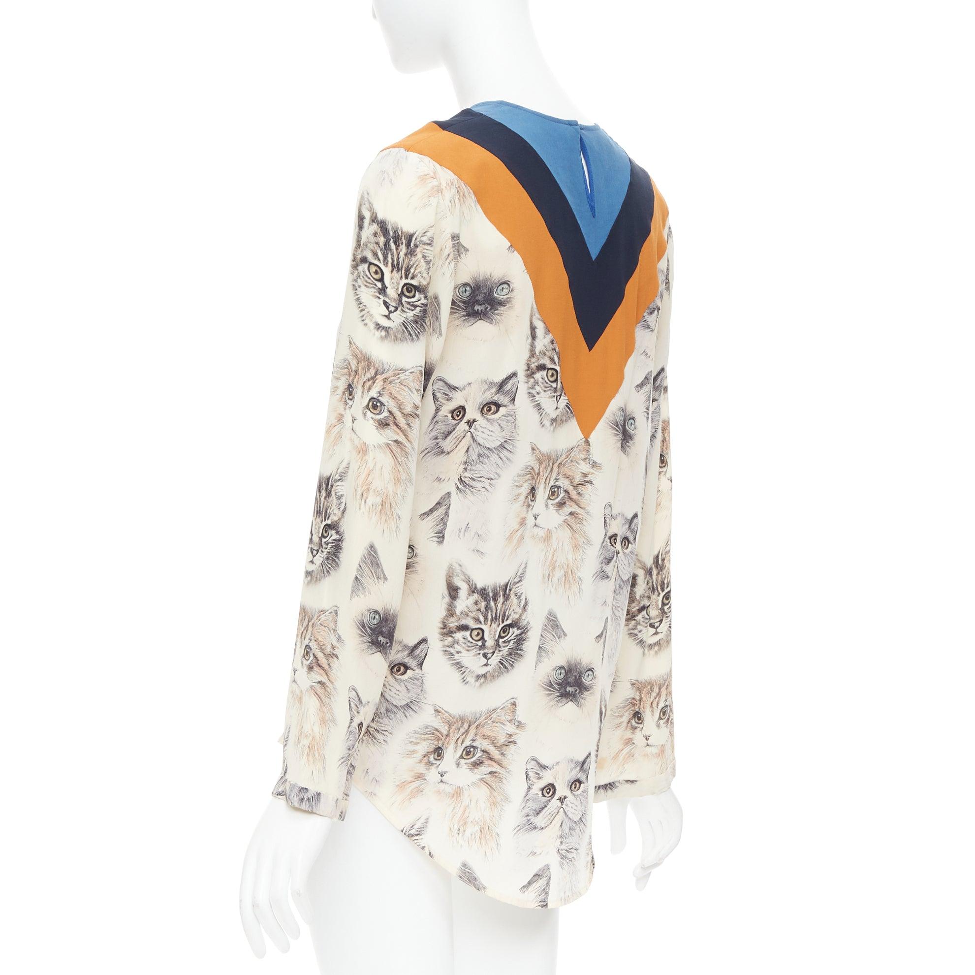 Stella McCartney 2016 100% seta  camicetta beige arancione con stampa gatto IT38 XS in vendita 1