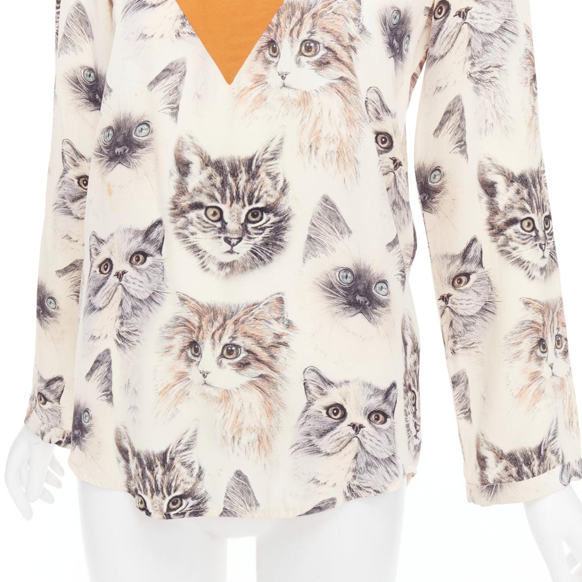 Stella McCartney 2016 100% seta  camicetta beige arancione con stampa gatto IT38 XS in vendita 2
