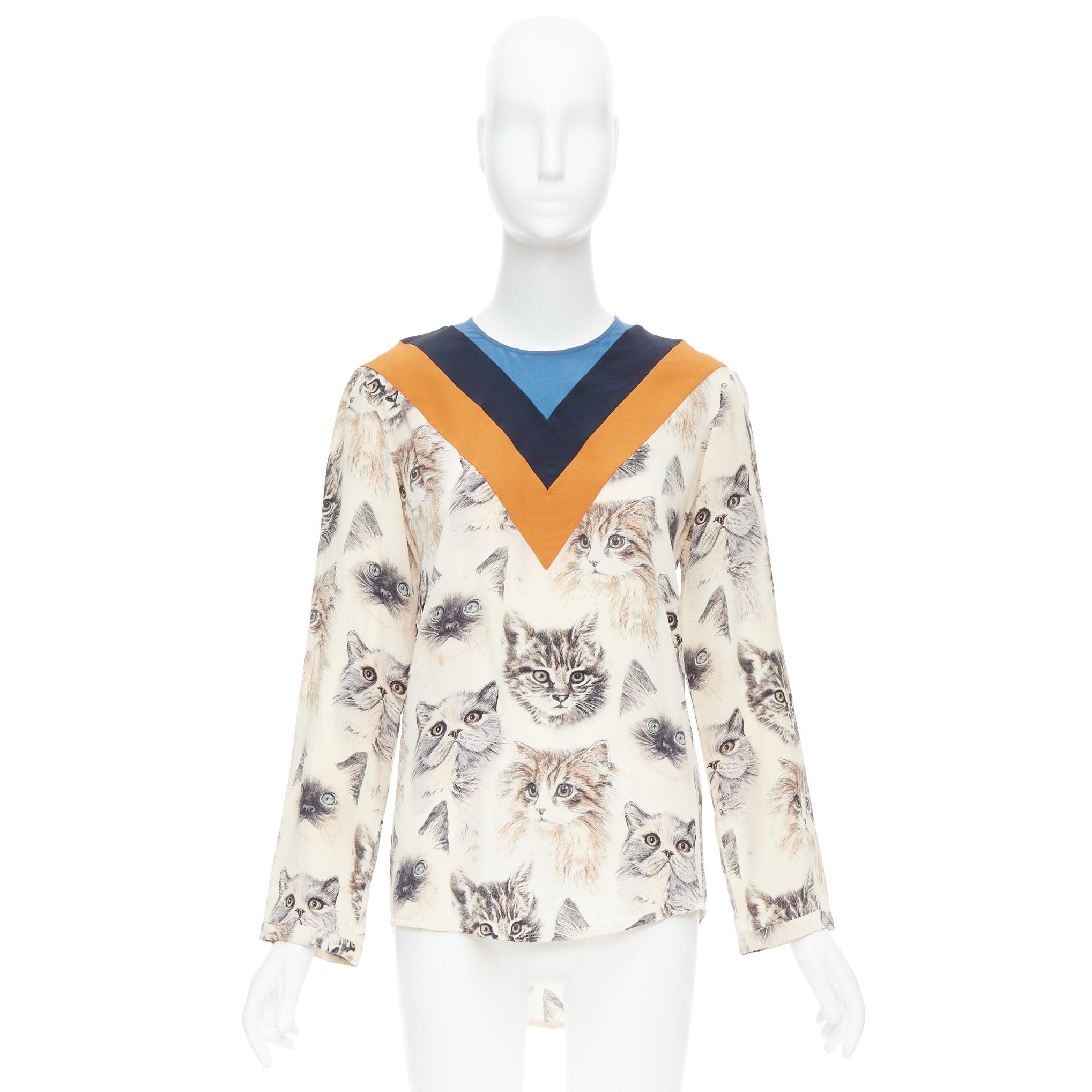 Stella McCartney 2016 100% seta  camicetta beige arancione con stampa gatto IT38 XS in vendita 4