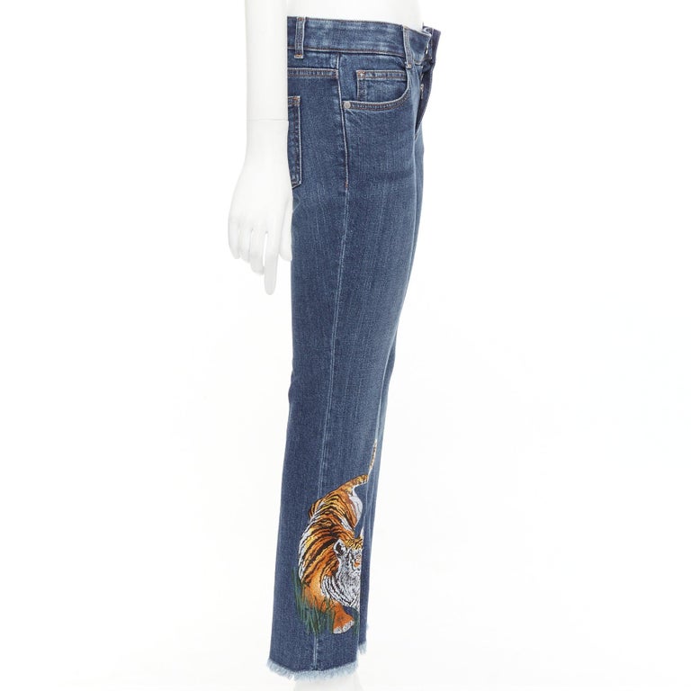 STELLA MCCARTNEY 2016 brown tiger embroidery blue flare jeans 26 