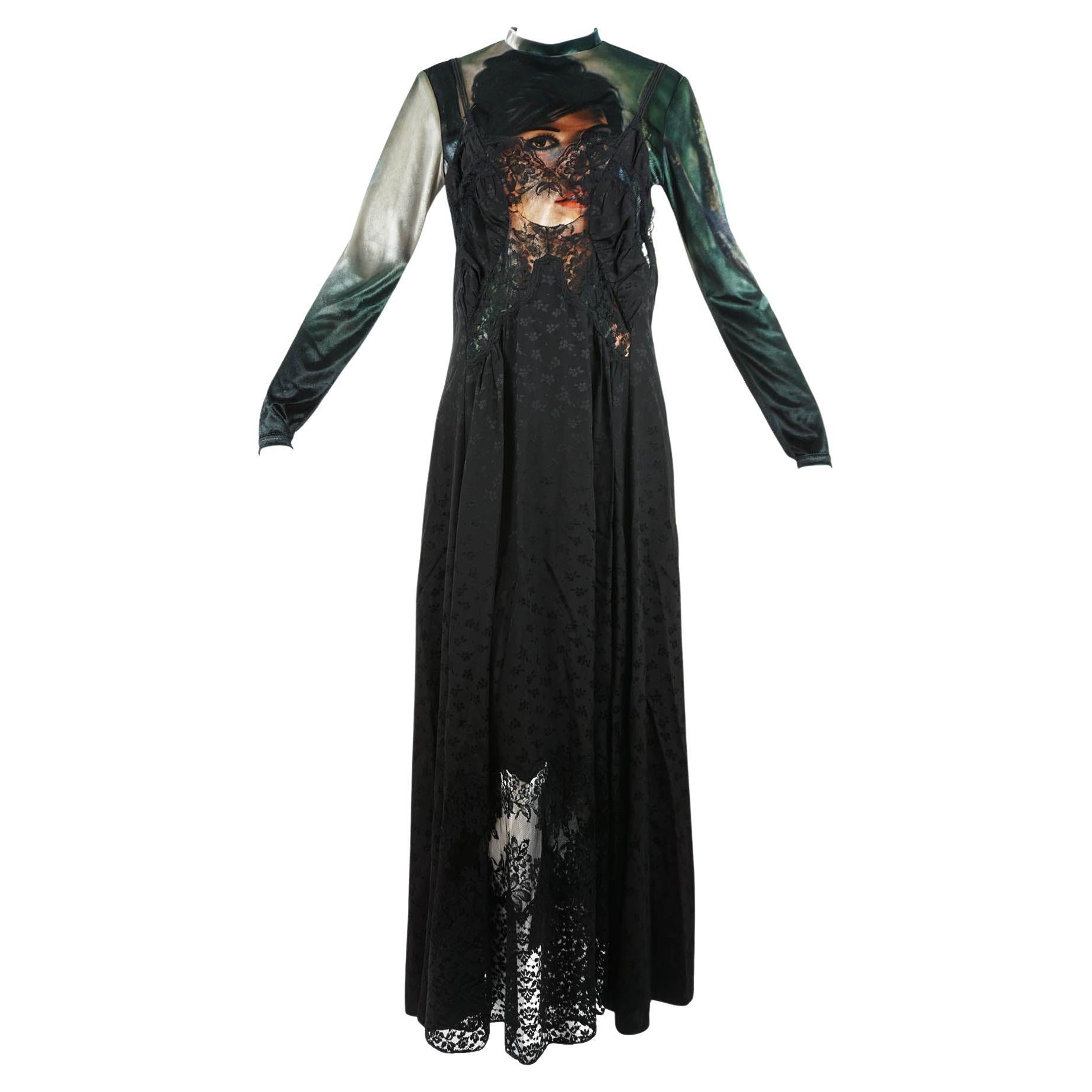 Stella McCartney 2pc Dress: Face Print Top & Black Lace Maxi Dress 42/6 For Sale
