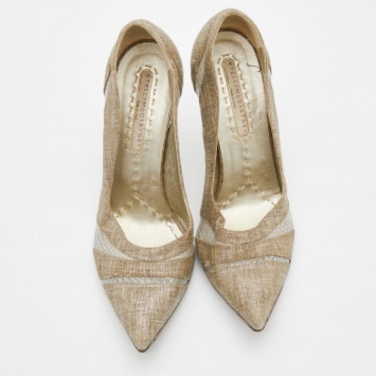 Stella McCartney Beige Fabric and Mesh Pointed Toe Pumps Size 38 In Good Condition For Sale In Dubai, Al Qouz 2