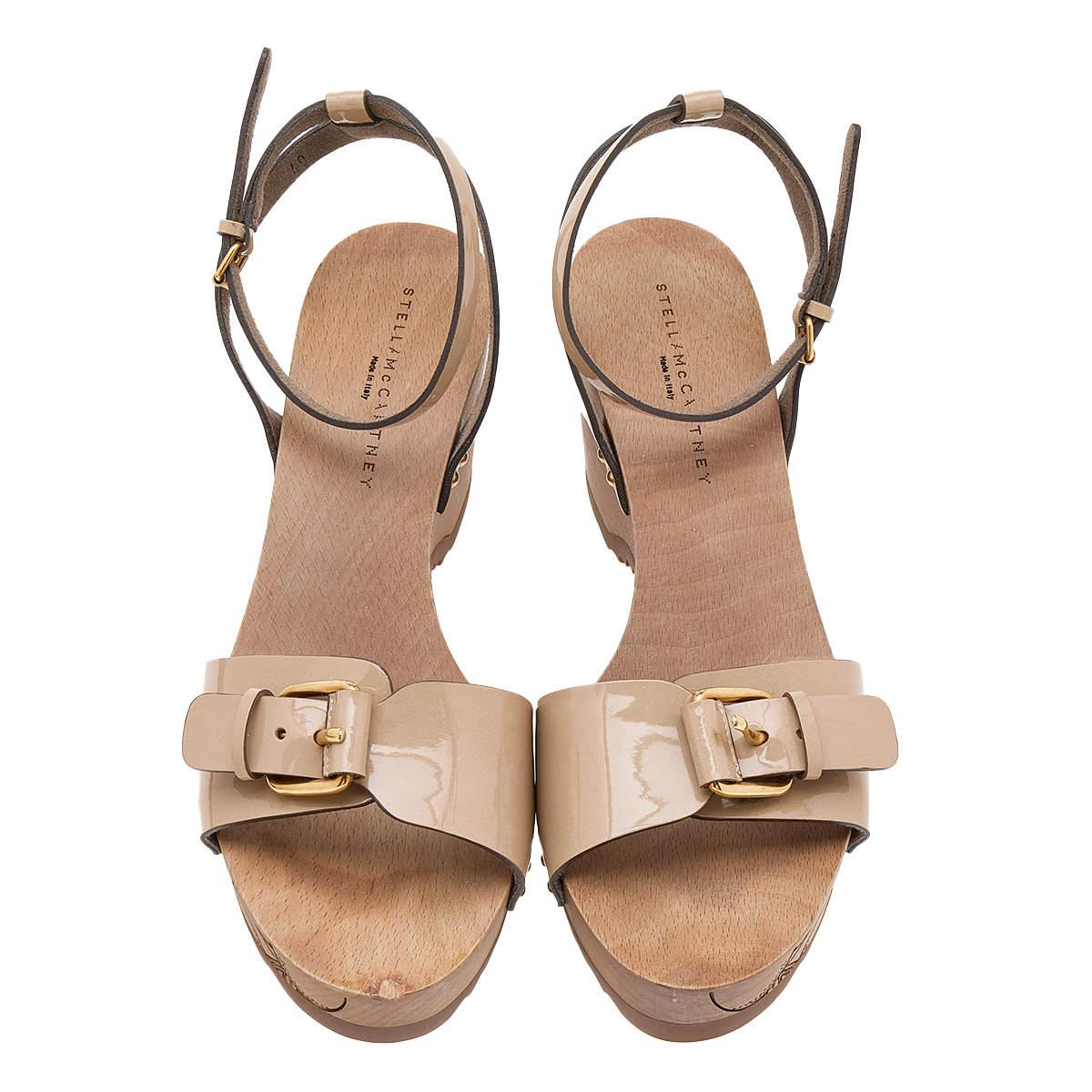 Stella McCartney Beige Faux Patent Leather Linda Wedge Sandals Size 40