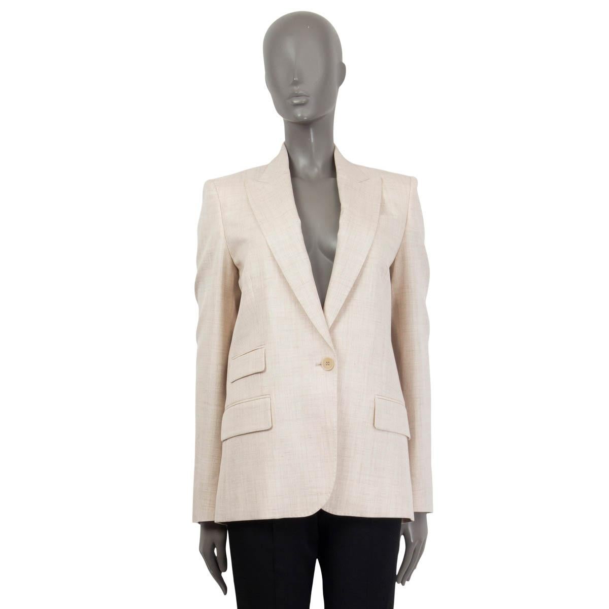 100% authentic Stella McCartney 'Bell' oversized single button blazer in off-white, light sand and gray viscose (86%) and linen (14%). Features buttoned cuffs and three sewn shut flap pockets on the front. Opens with one button on the front. Lined