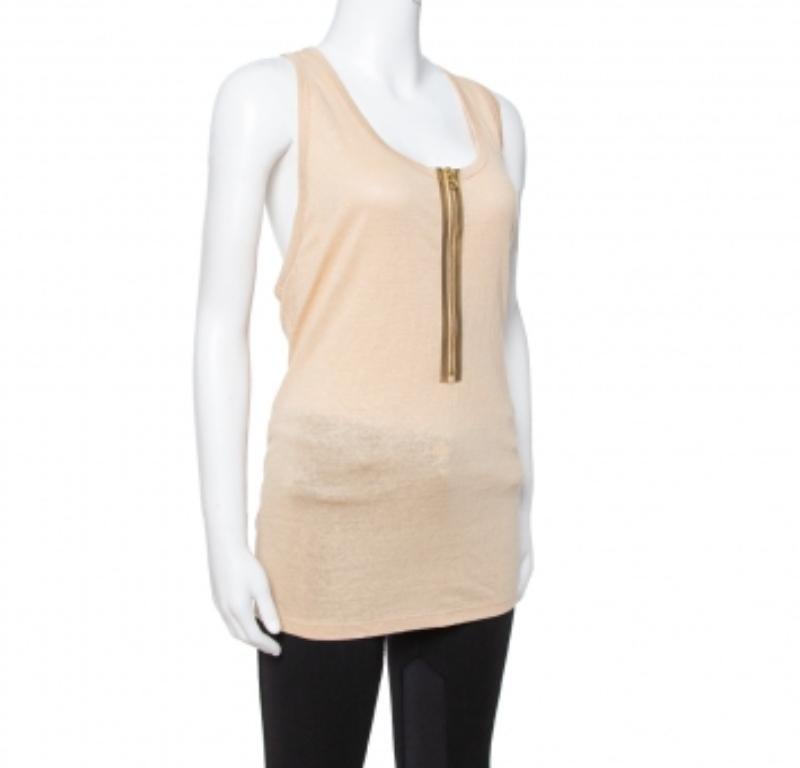 Stella McCartney Beige Linen & Cotton Zip Front Tank Top L For Sale 2