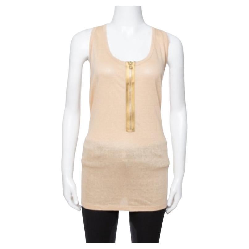 Stella McCartney Beige Linen & Cotton Zip Front Tank Top L For Sale