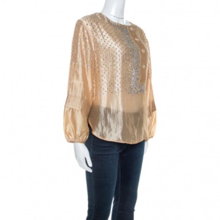 Beige Stella McCartney - Camicetta con maniche a palloncino in seta beige con dettaglio di paillettes S in vendita