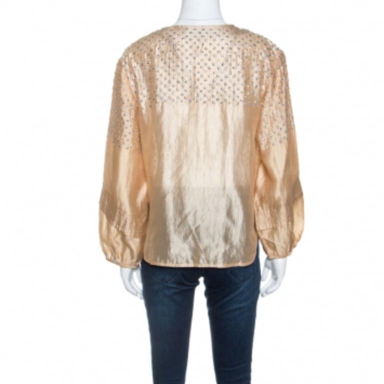 Stella McCartney - Camicetta con maniche a palloncino in seta beige con dettaglio di paillettes S In condizioni ottime in vendita a Dubai, Al Qouz 2