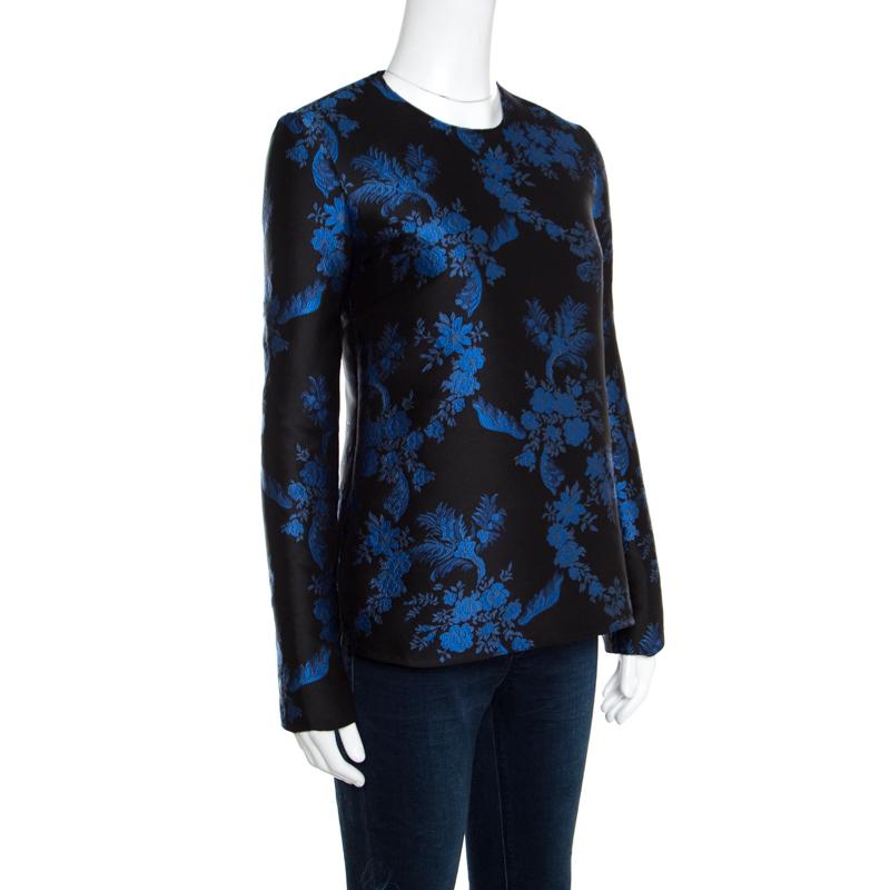 Stella McCartney Black and Blue Floral Jacquard Long Sleeve Top S In New Condition In Dubai, Al Qouz 2