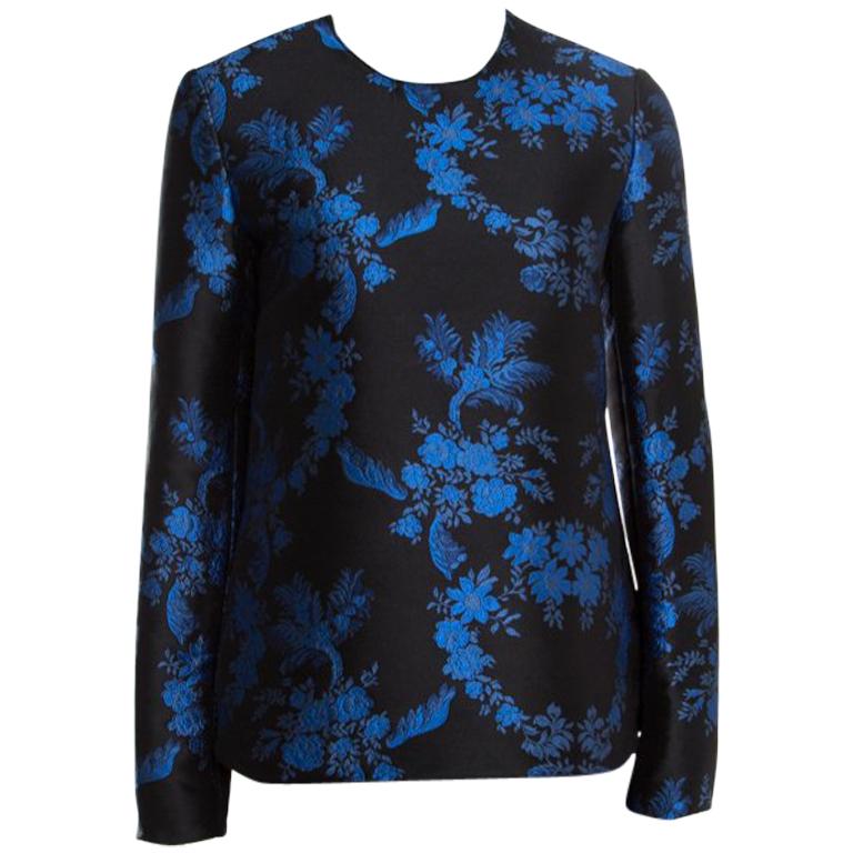 Stella McCartney Black and Blue Floral Jacquard Long Sleeve Top S