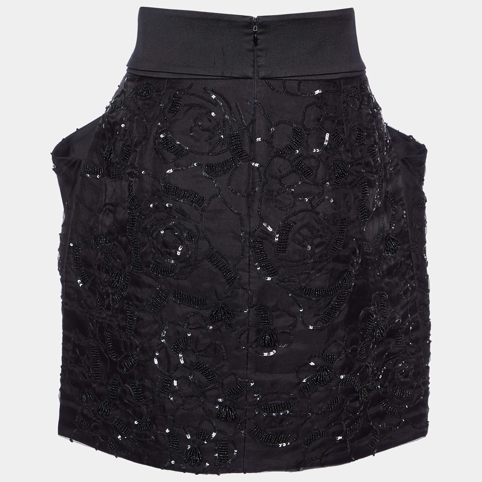 Stella McCartney Black Embellished Silk Bow Tie Detail Mini Skirt L In New Condition For Sale In Dubai, Al Qouz 2