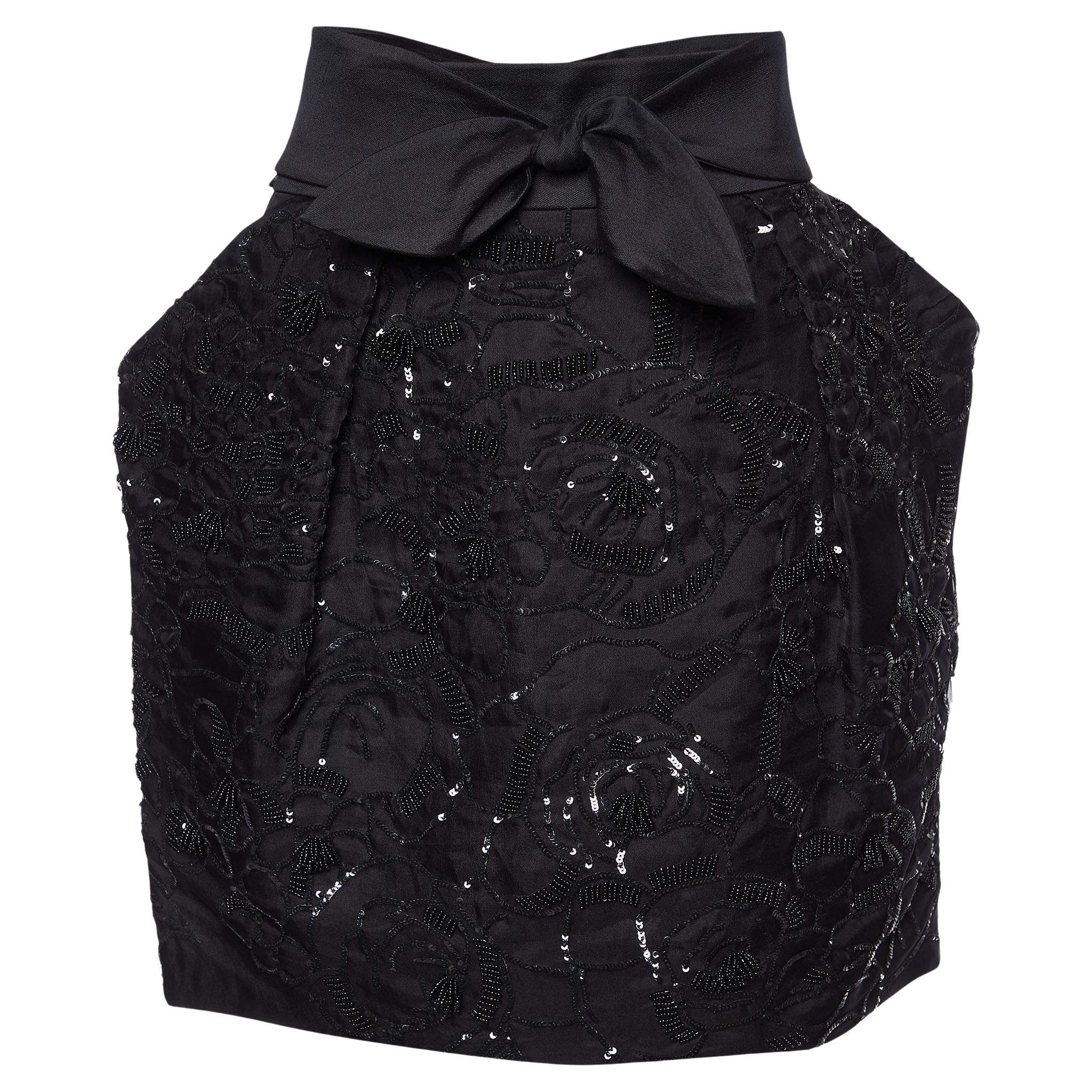 Stella McCartney Black Embellished Silk Bow Tie Detail Mini Skirt L For Sale