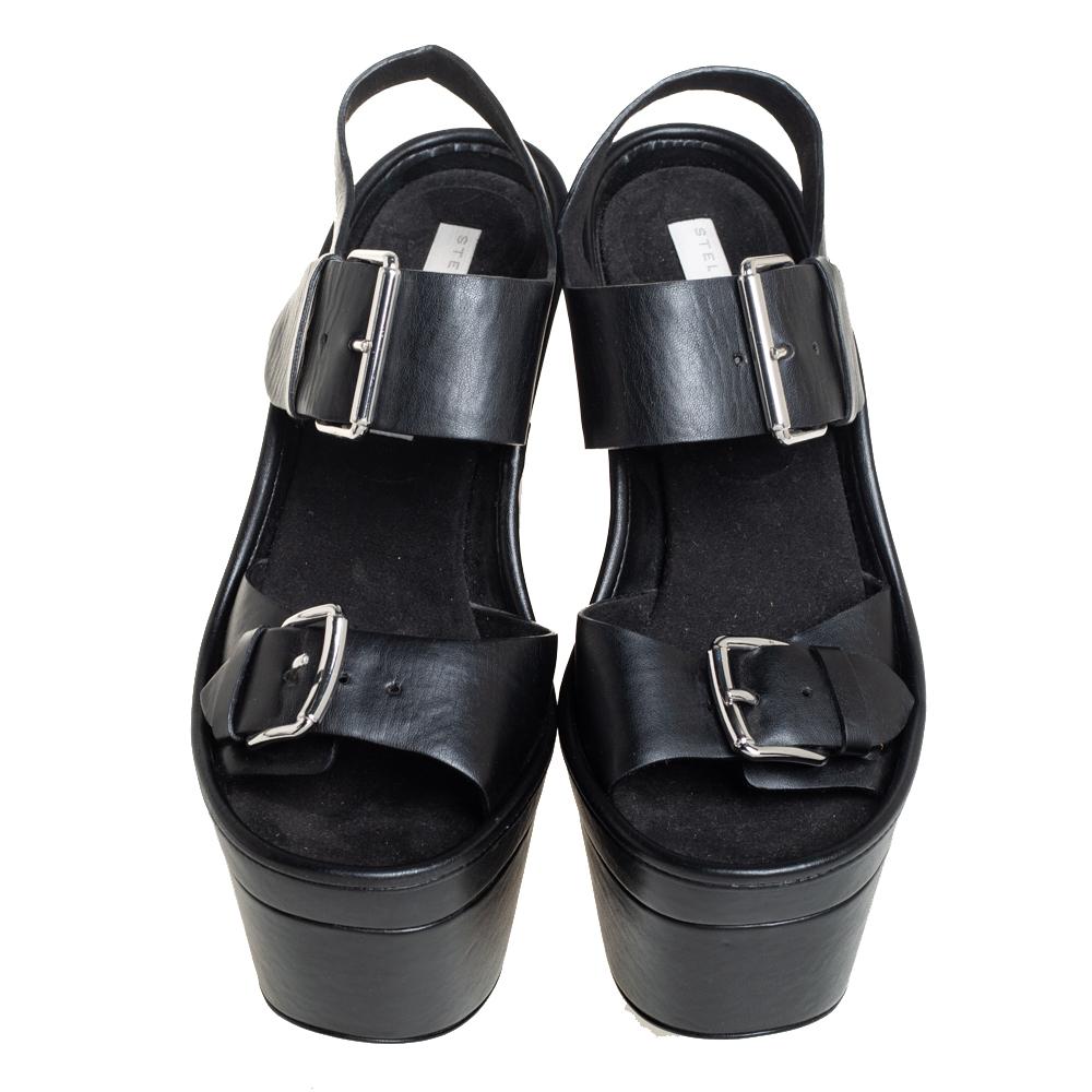 Stella McCartney Black Faux Leather Buckle Block Heel Sandals Size 38 In Good Condition In Dubai, Al Qouz 2