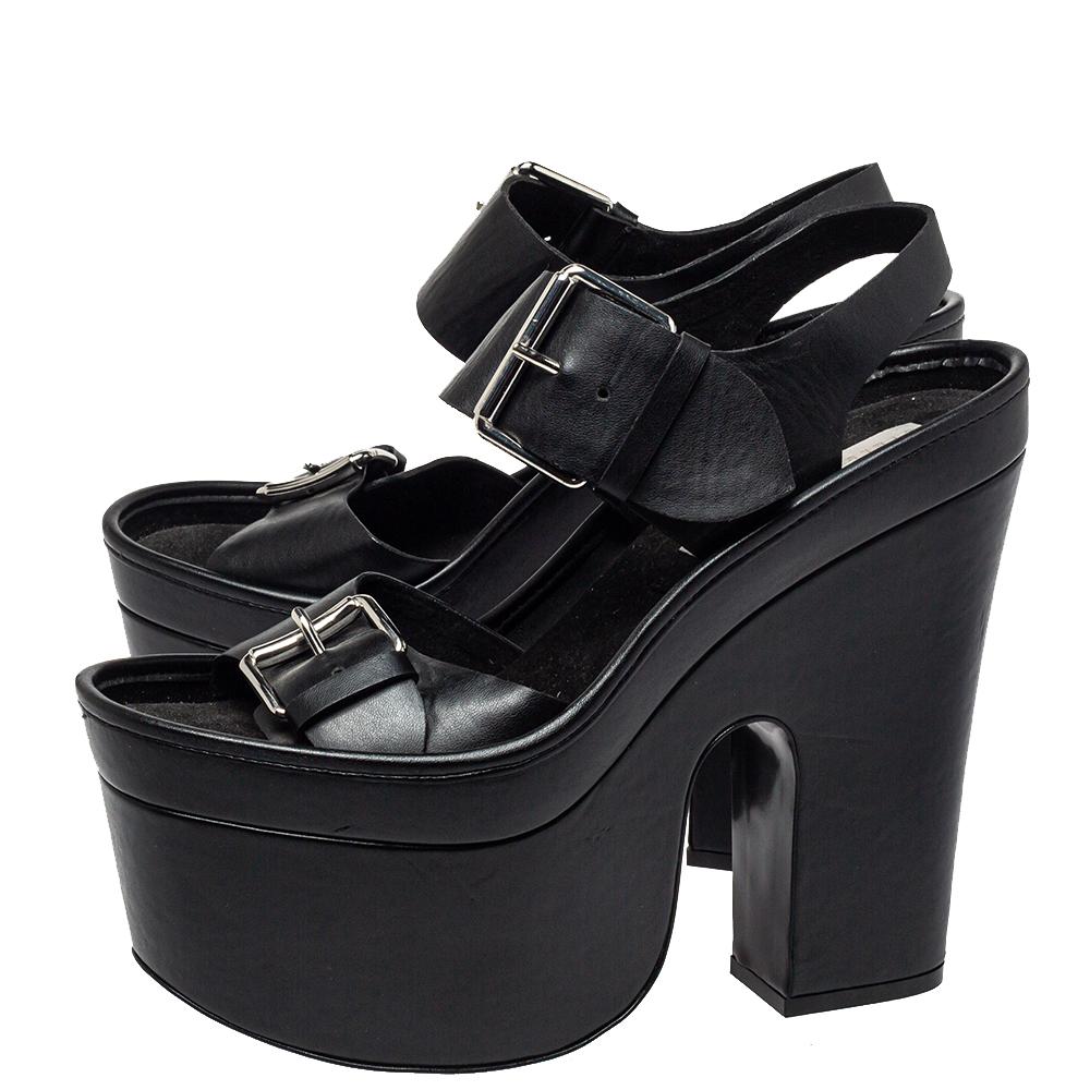 Women's Stella McCartney Black Faux Leather Buckle Block Heel Sandals Size 38