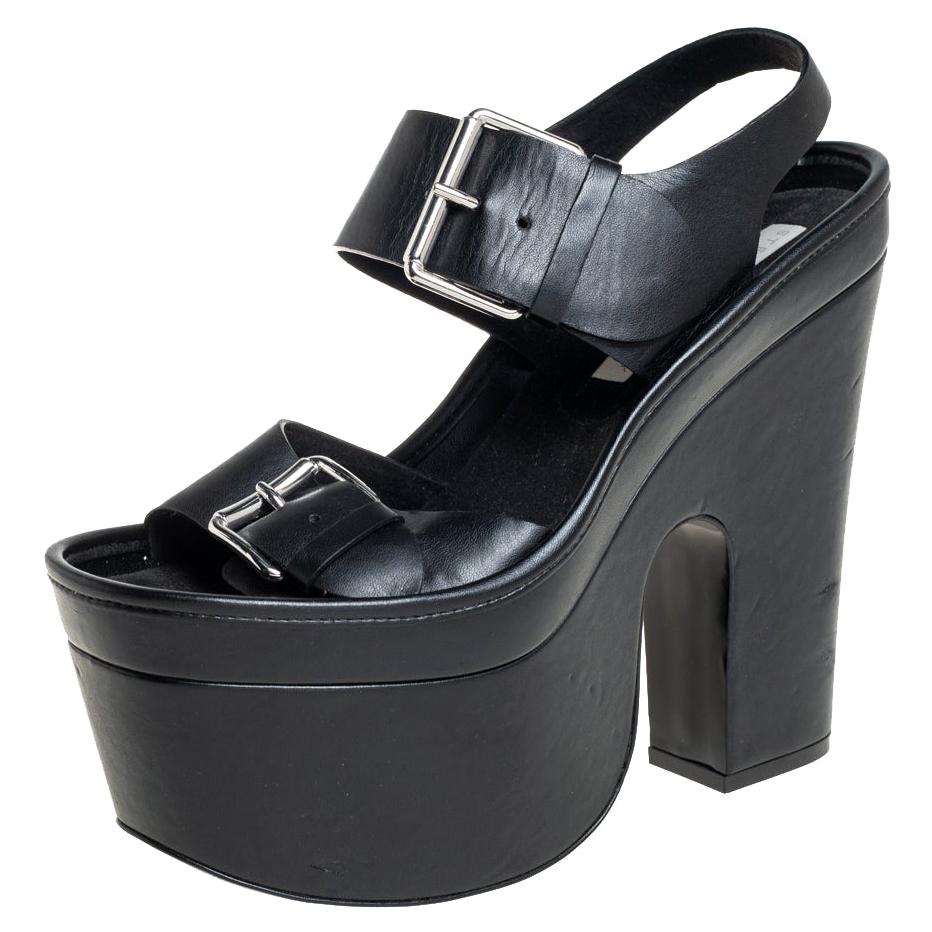 Stella McCartney Black Faux Leather Buckle Block Heel Sandals Size 38
