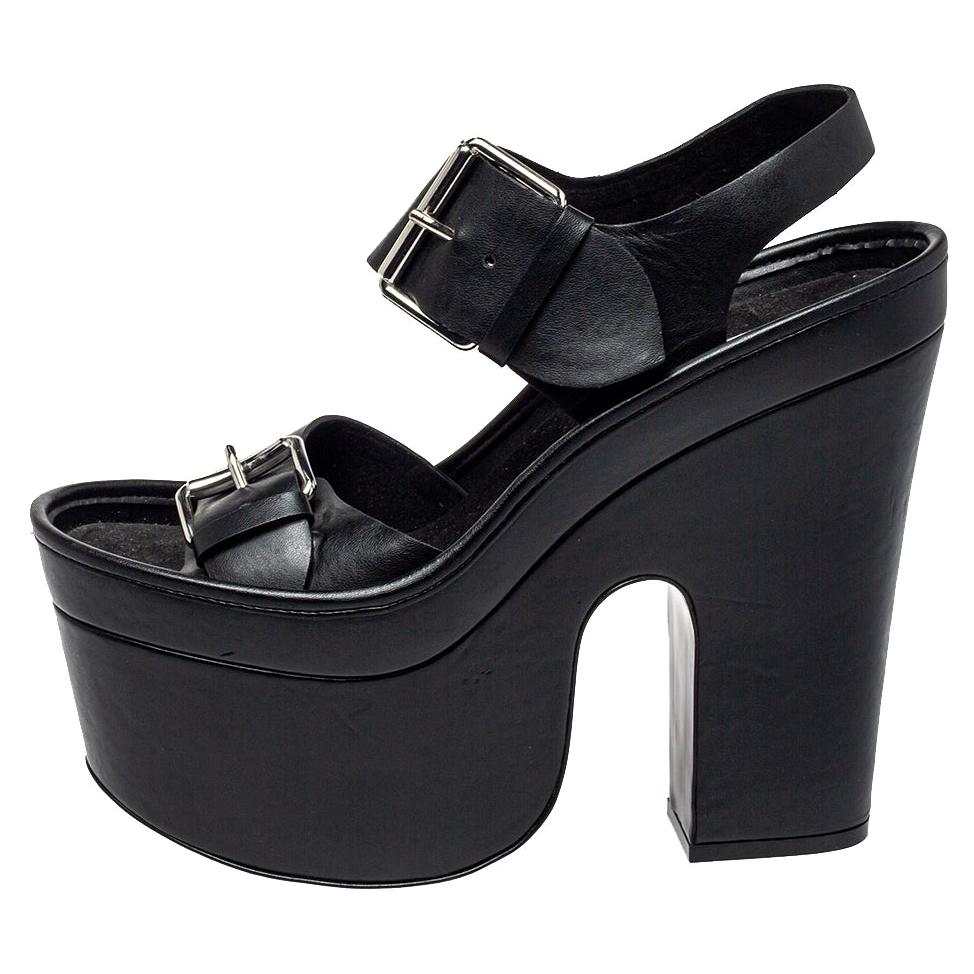 Stella McCartney Black Faux Leather Buckle Block Heel Sandals Size 39