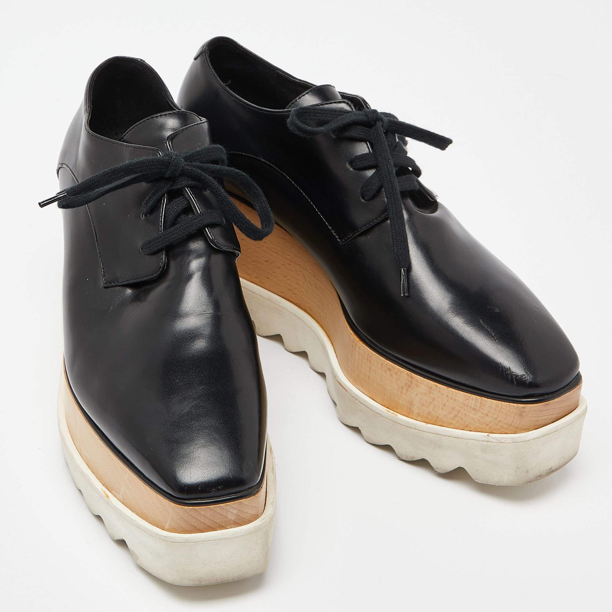 Stella McCartney Black Faux Leather Elyse Derby Sneakers Size 38 In Good Condition In Dubai, Al Qouz 2