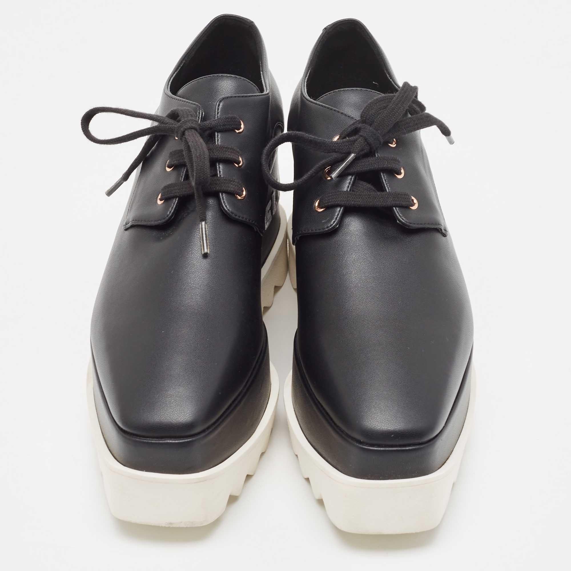 Women's Stella McCartney Black Faux Leather Elyse Logo Embroidered Platform Sneakers Siz For Sale