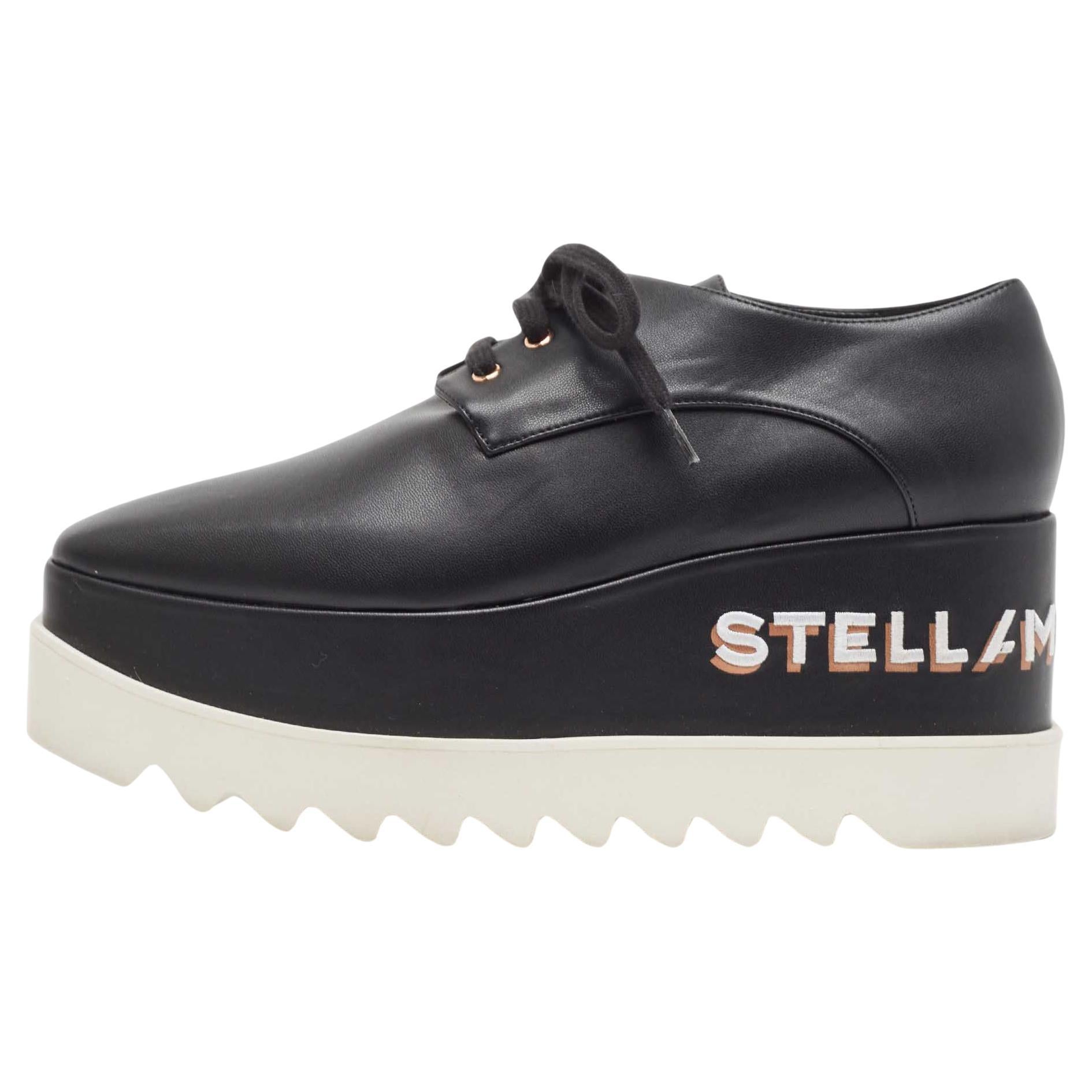 Stella McCartney Black Faux Leather Elyse Logo Embroidered Platform Sneakers Siz For Sale