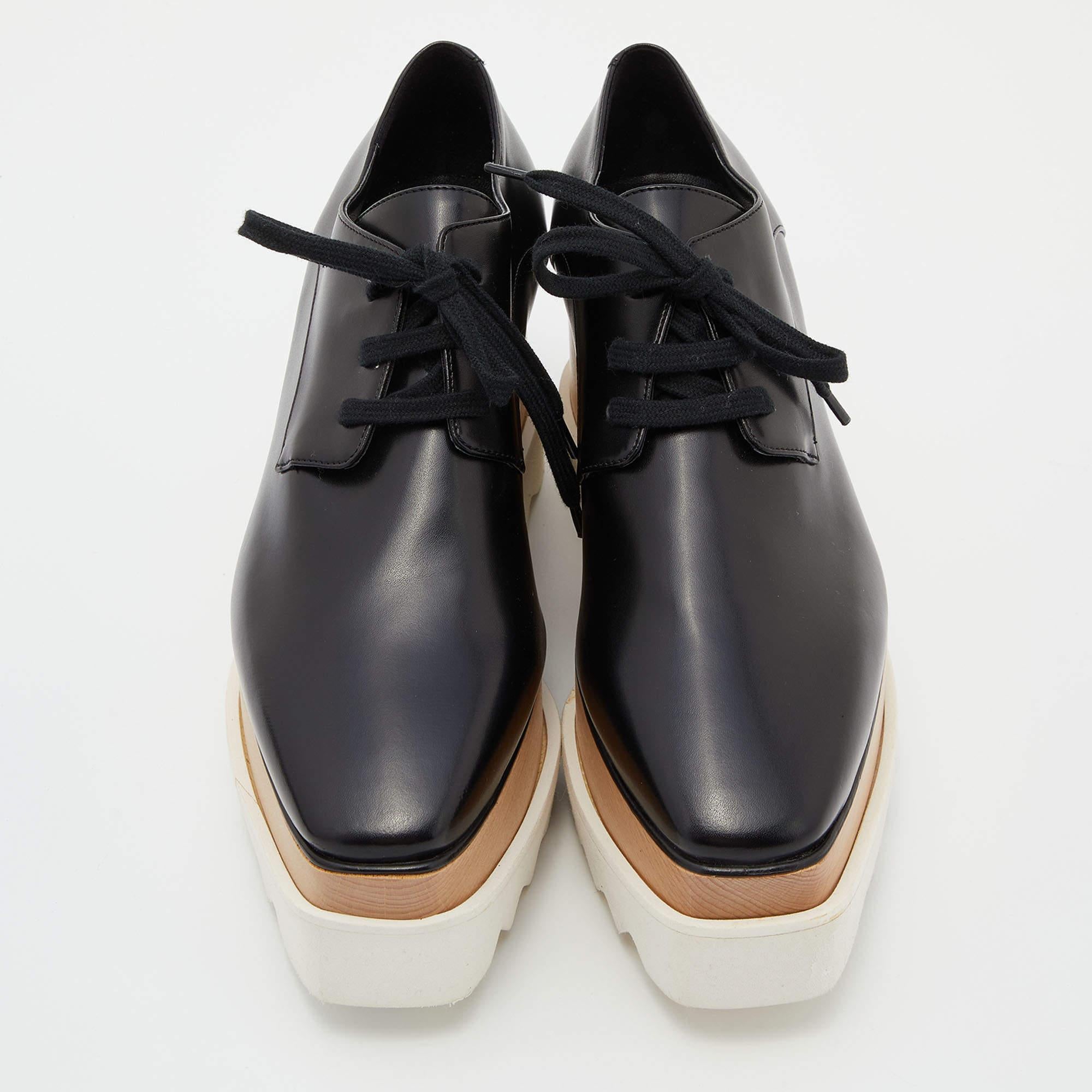 The Stella McCartney sneakers are a stylish and sustainable choice. Made from high-quality faux leather, they feature a derby shoe design with a platform sole for added height and comfort. These sneakers combine fashion and ethics, perfect for those
