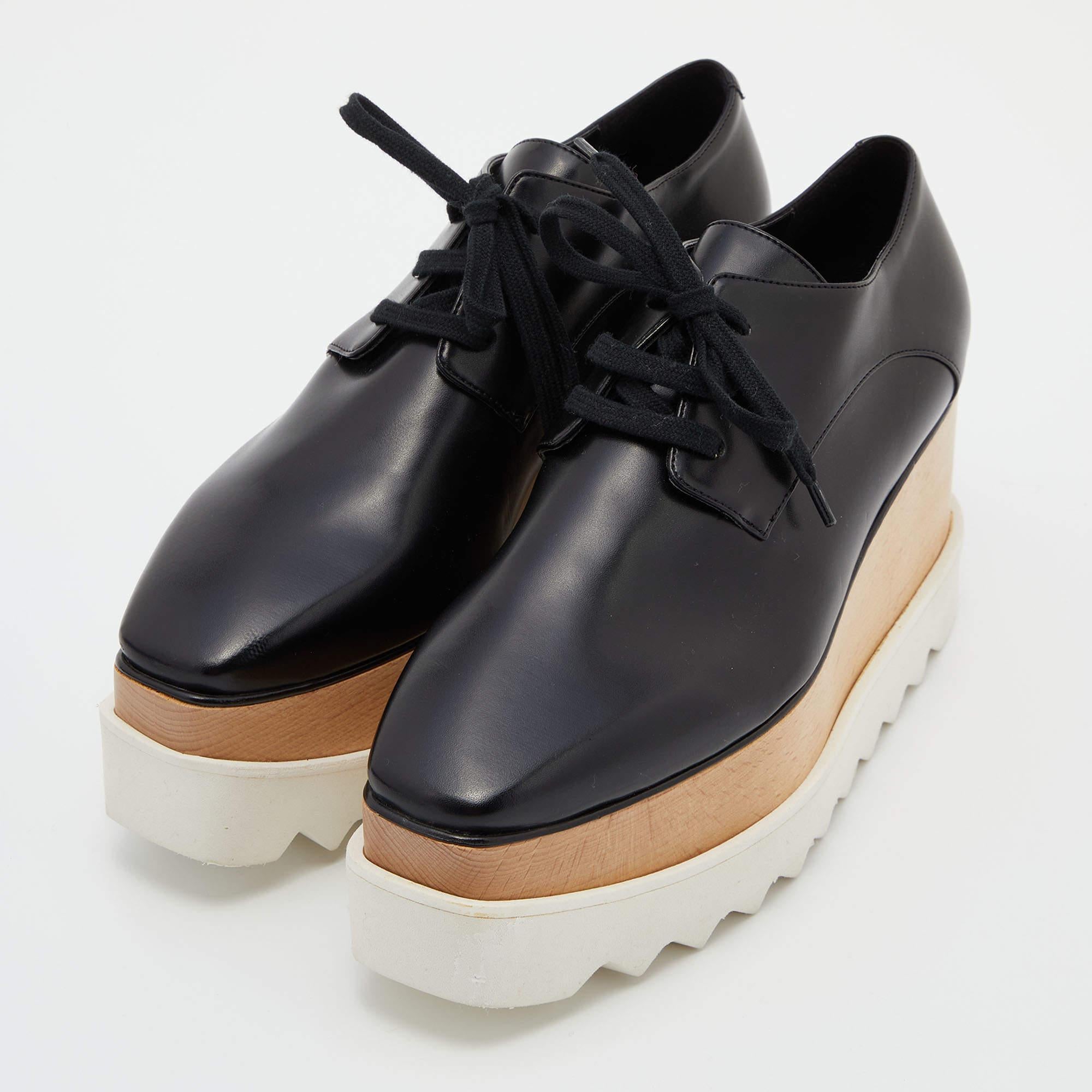 Women's Stella McCartney Black Faux Leather Elyse Platform Derby Sneakers Size 36