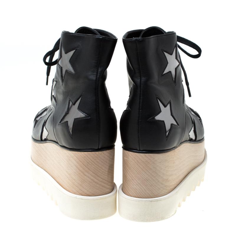 Stella McCartney Black Faux Leather Elyse Star Platform Lace Up Booties Size 36 1