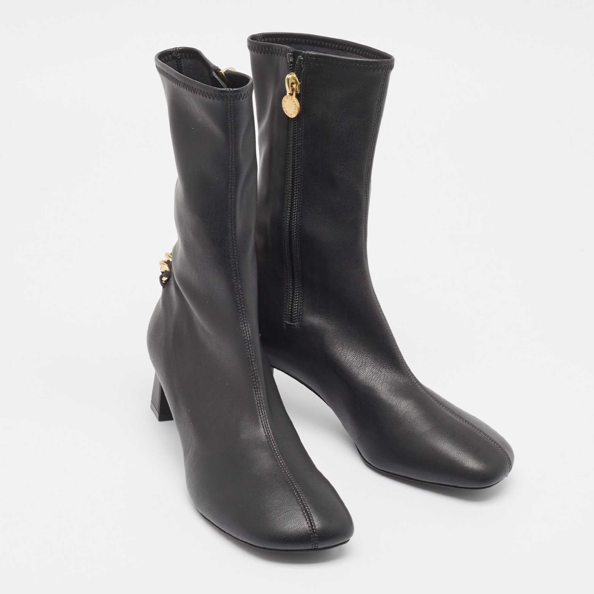 Stella McCartney Black Faux Leather Falabella Stretch Ankle Boots Size 36 In Good Condition For Sale In Dubai, Al Qouz 2