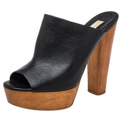 Stella McCartney Black Faux Leather Wooden Block Heel Platform Sandals Size 38.5