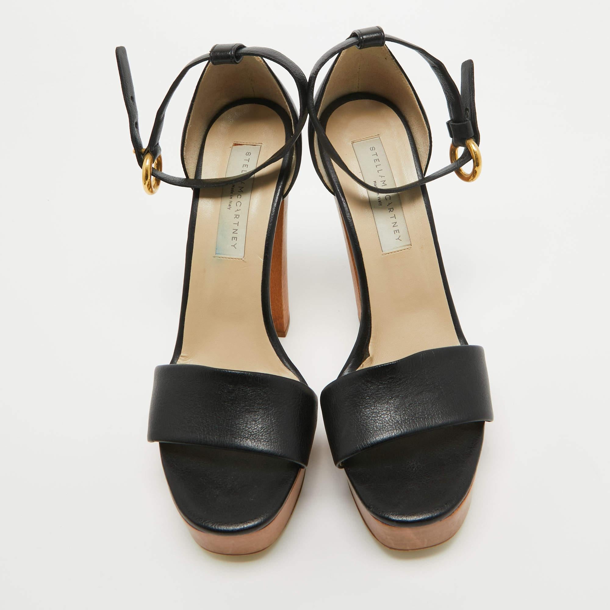 Brown Stella McCartney Black Faux Leather Wooden Platform Ankle Strap Sandals Size 40 For Sale