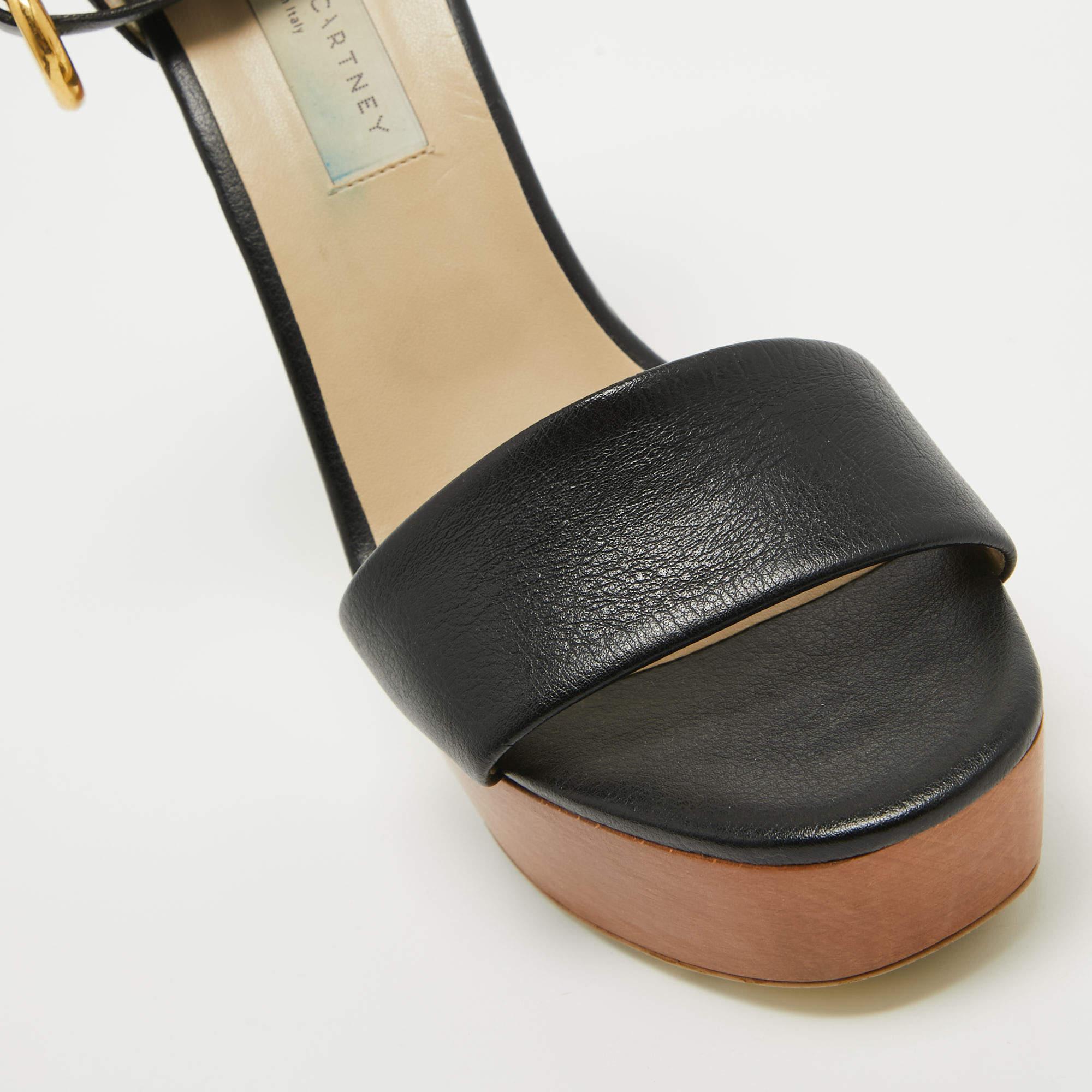 Stella McCartney Black Faux Leather Wooden Platform Ankle Strap Sandals Size 40 For Sale 2