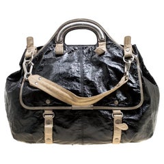 Stella McCartney Black Faux Patent Leather and Canvas Top Handle Bag